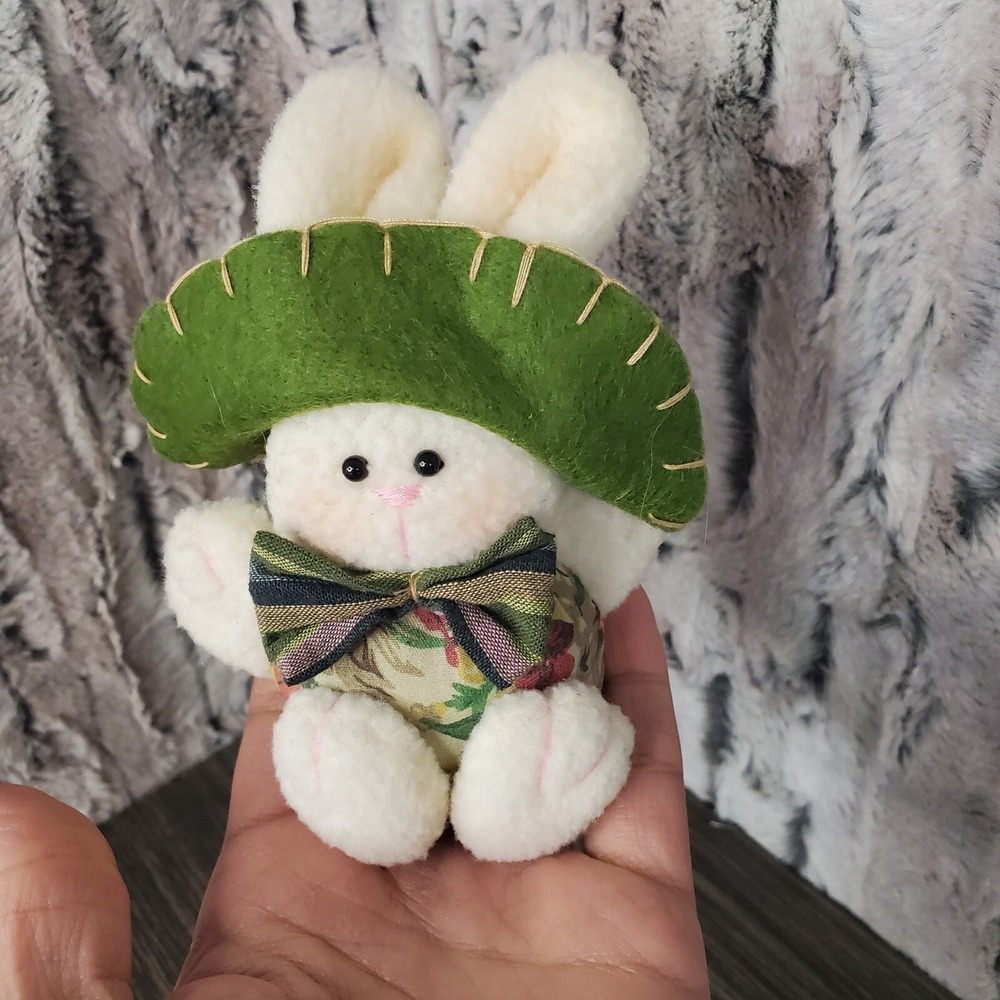 Mini 5" Easter Bunny Rabbit Holiday Decoration Teeny Tiny Green Hat Floral Body